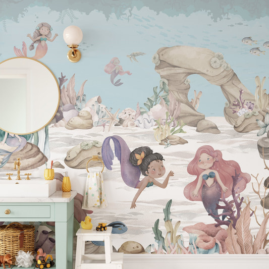 Pastel mermaid miracles girls room mural with sea turtles and coral.