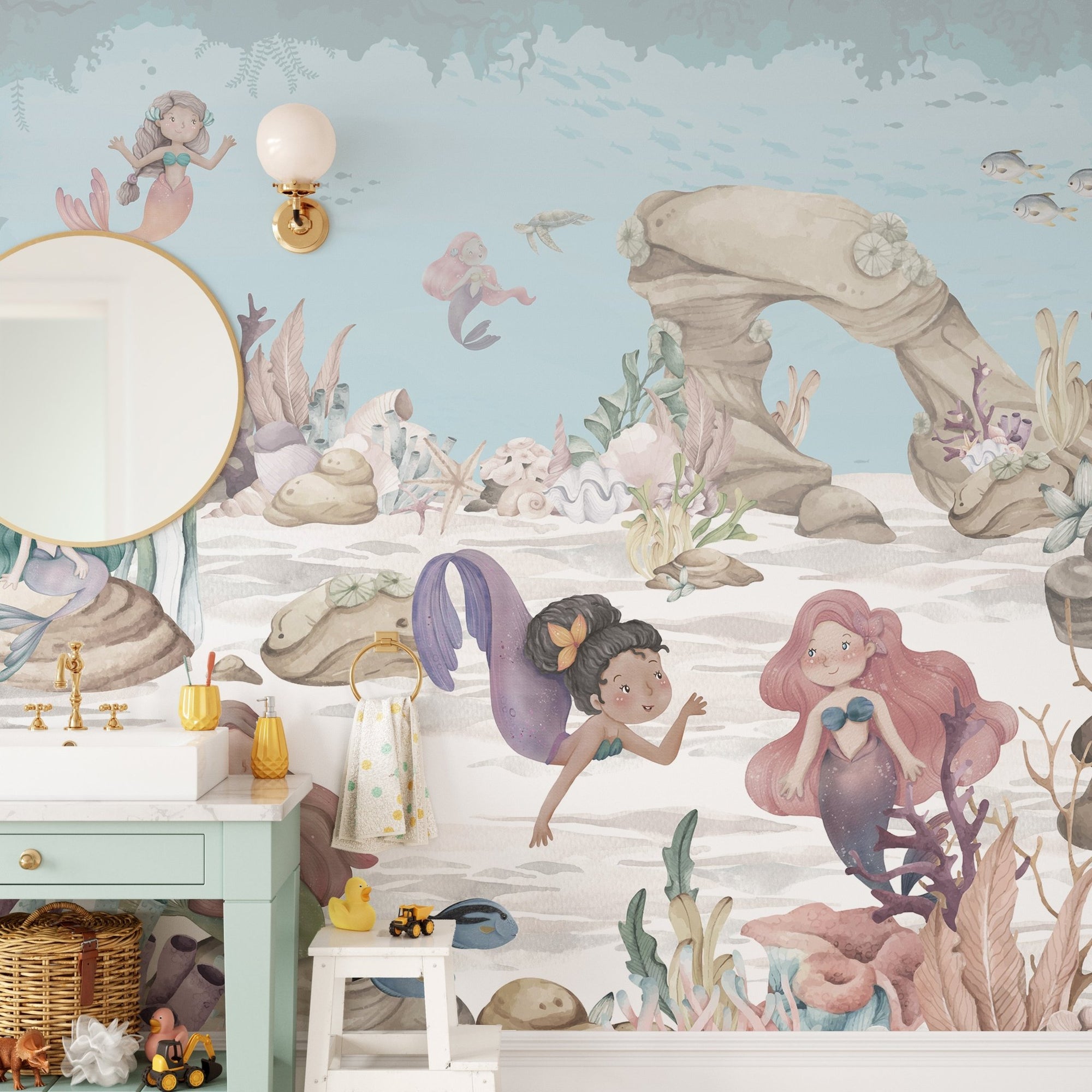 Pastel mermaid miracles girls room mural with sea turtles and coral.