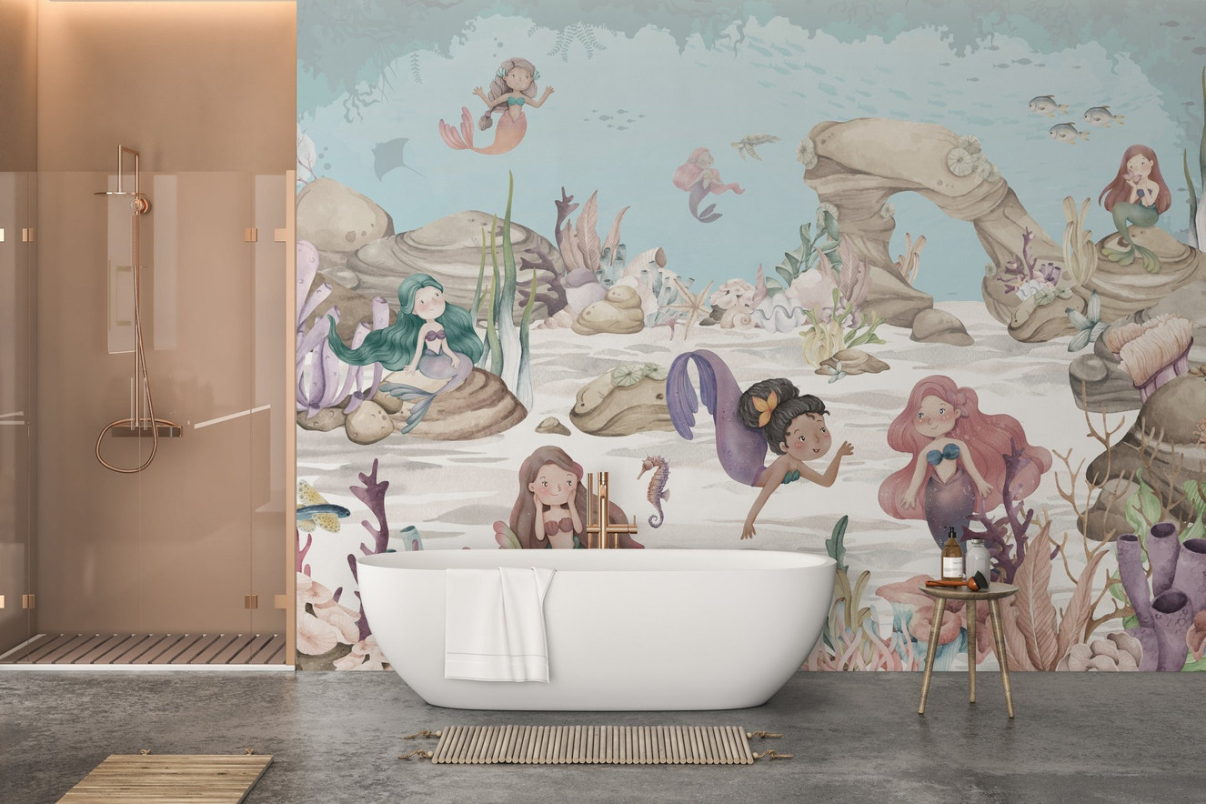 Watercolor underwater marmaid wallpaper featuring soft purple and pink sea life.