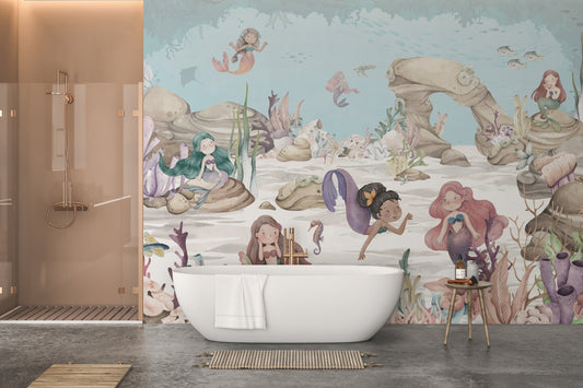 Watercolor underwater marmaid wallpaper featuring soft purple and pink sea life.