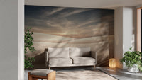 Minimalist living space wall mural showing sand dunes and soft sunlight.