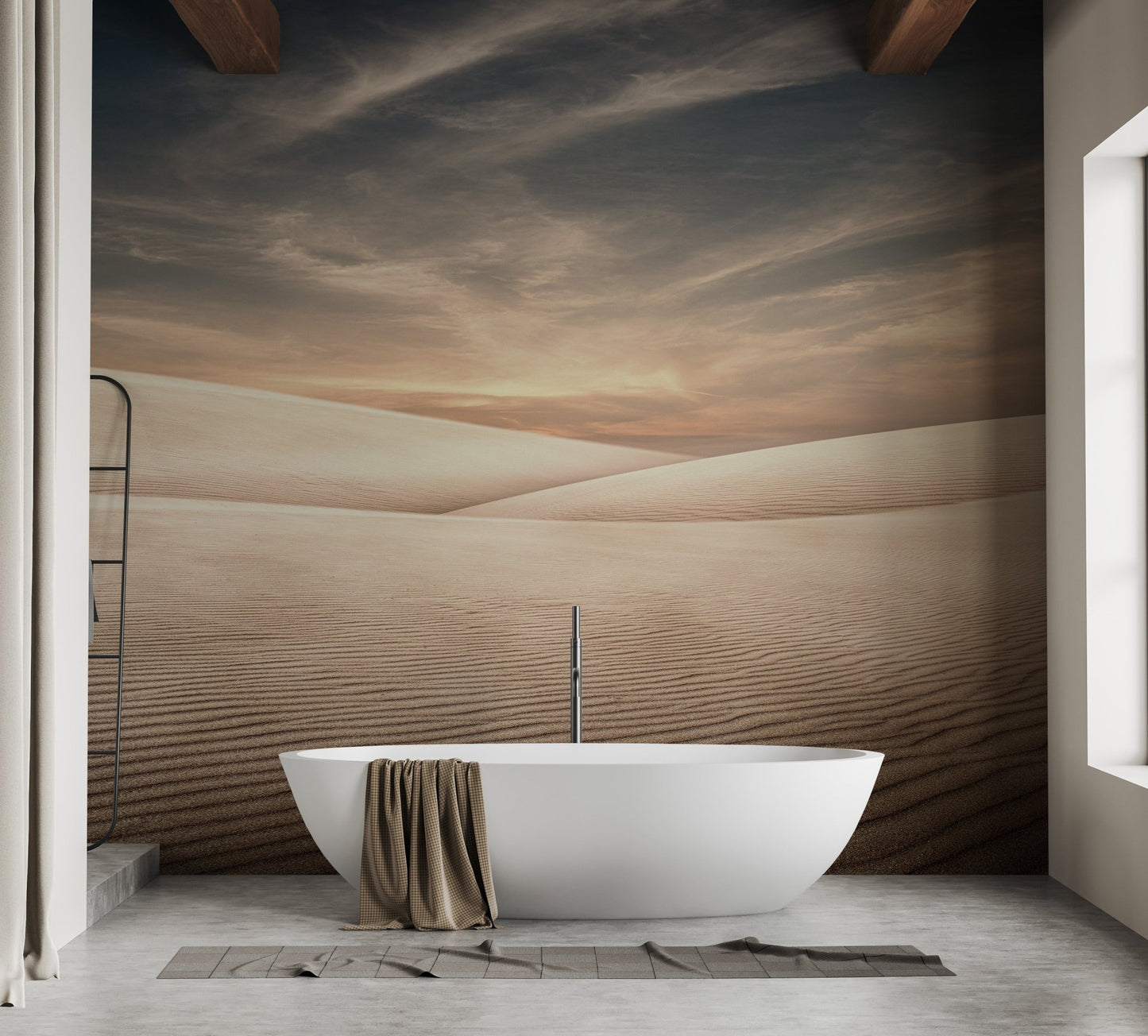 Spa style bathroom wall mural showing a desert dune landscape and freestanding tub.