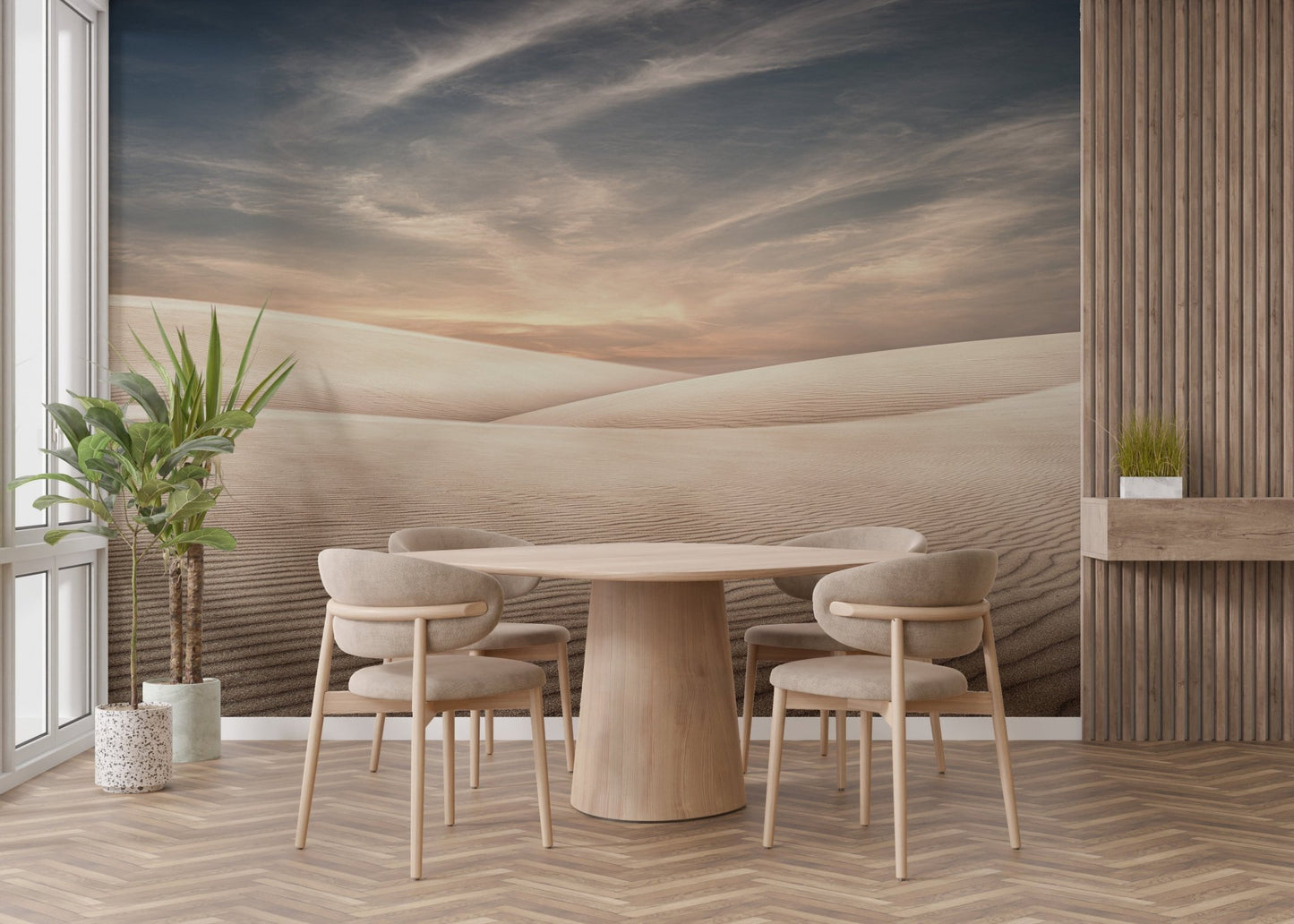 Modern dining room wall mural with a circular wooden table and neutral tones.
