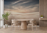 Modern dining room wall mural with a circular wooden table and neutral tones.