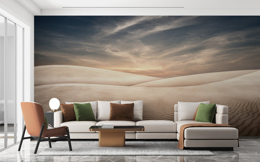 Mesmerizing Dune Landscapes Murals in a modern lounge with a white l-shaped couch.