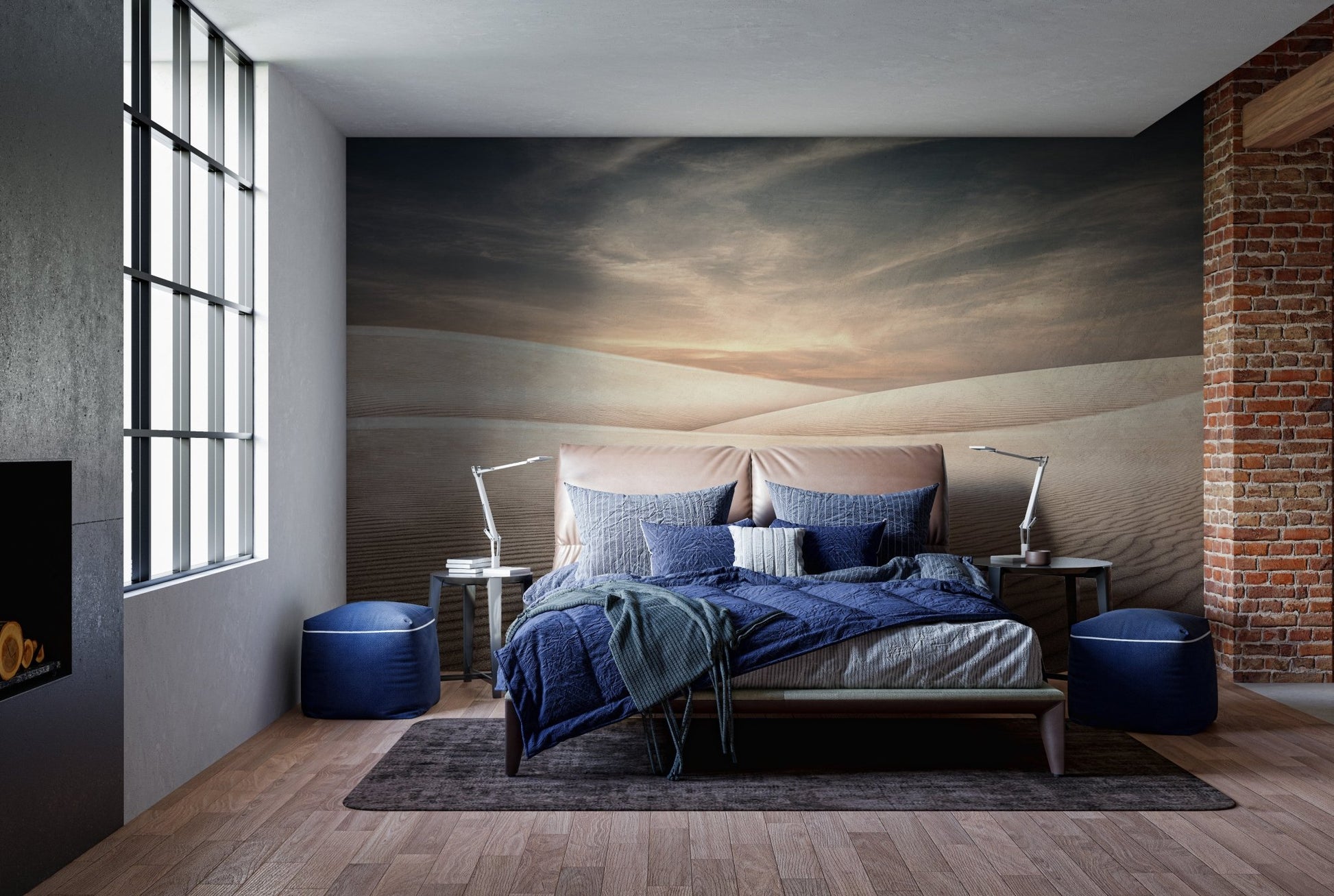 Mesmerizing Dune Landscapes Murals in a bedroom with blue bedding and dark accents.