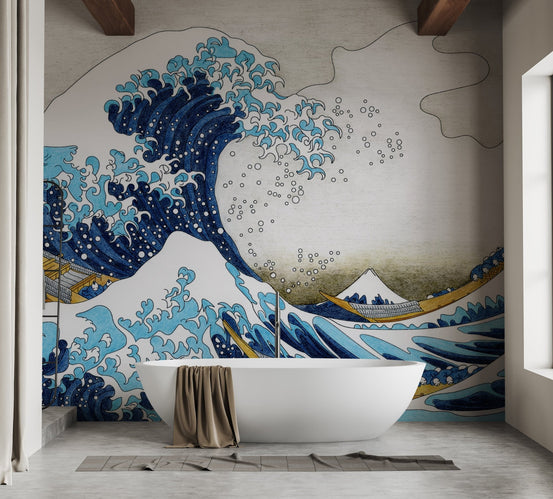 White bathtub against Mesmerizing Kanagawa Wave Mural in a modern bathroom.