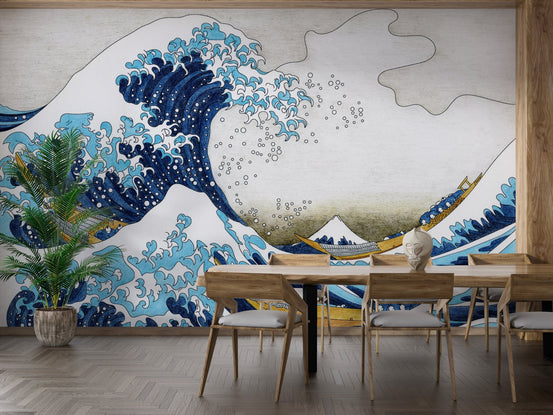Dining room with wooden table set against a Japanese style wave wall mural.