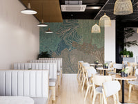 Modern cafe interior with booths and patterned kaleidoscope wall mural.