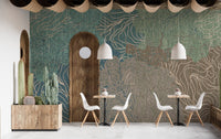 Minimalist dining area with arched doorway and wavy line wall mural.