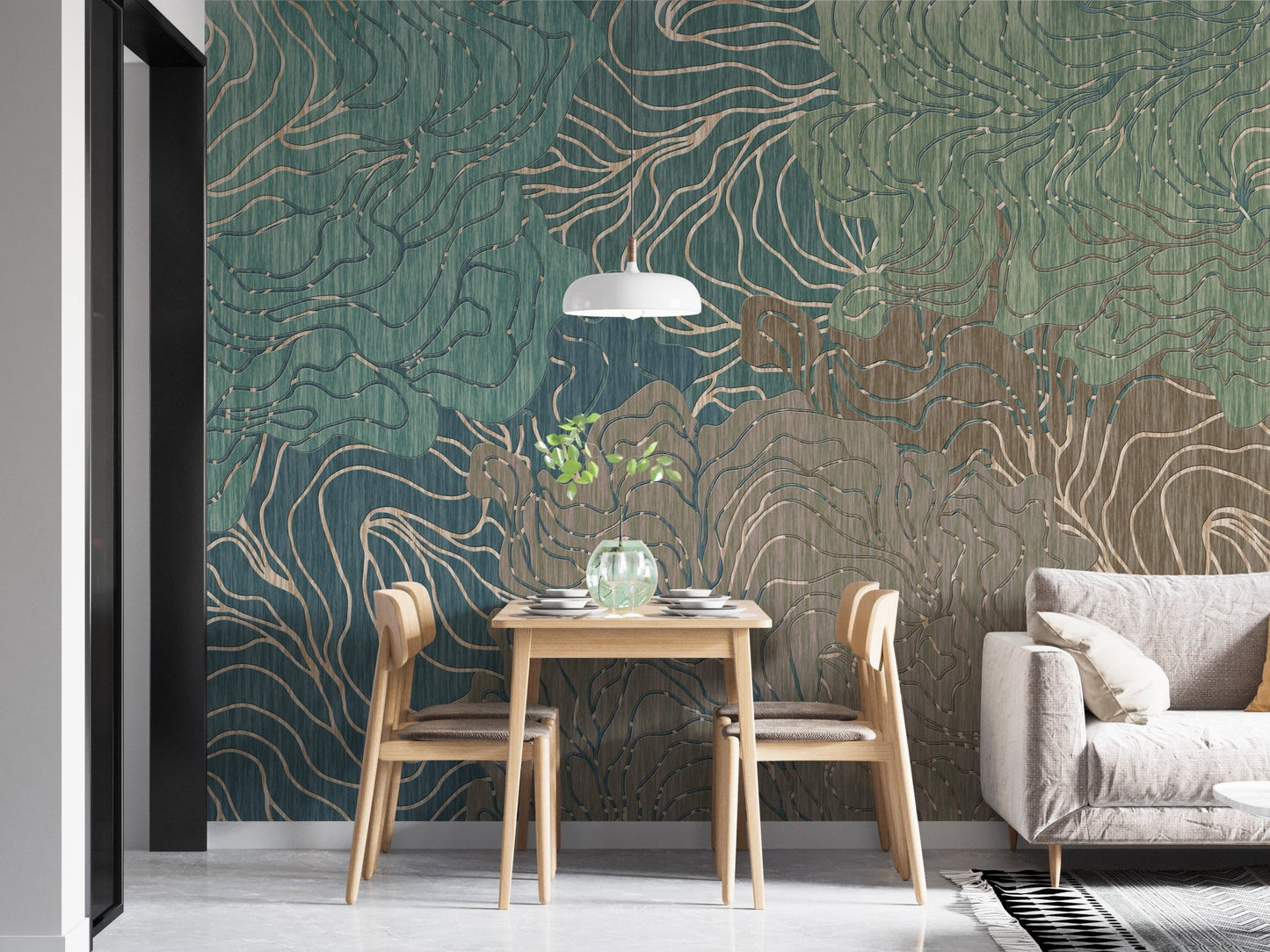 Small wooden dining nook featuring a teal wavy kaleidoscope wall mural.