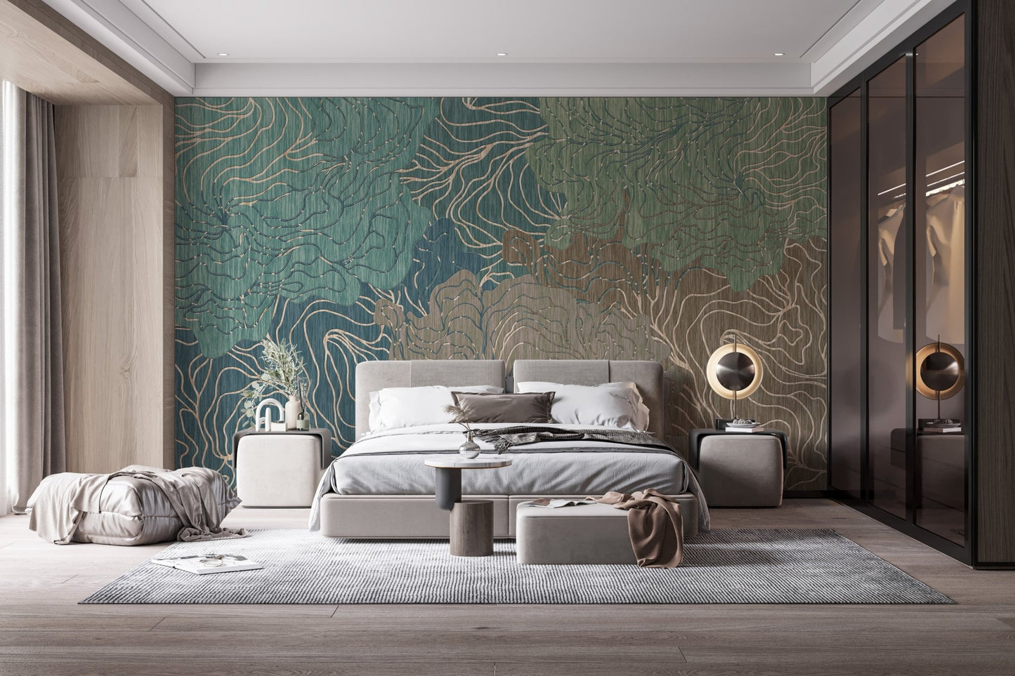 Master bedroom with platform bed and brown kaleidoscope wall mural.