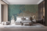 Master bedroom with platform bed and brown kaleidoscope wall mural.
