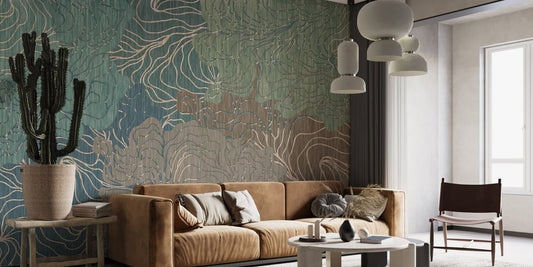 Tan leather sofa in living area paired with textured kaleidoscope wall mural.