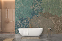White soaking tub in modern bathroom with blue abstract wavy wall mural.