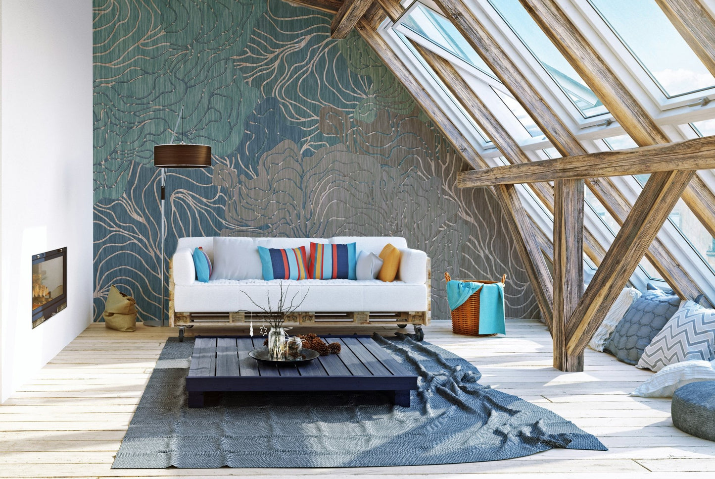 Attic living space featuring blue and brown abstract kaleidoscope wall mural.