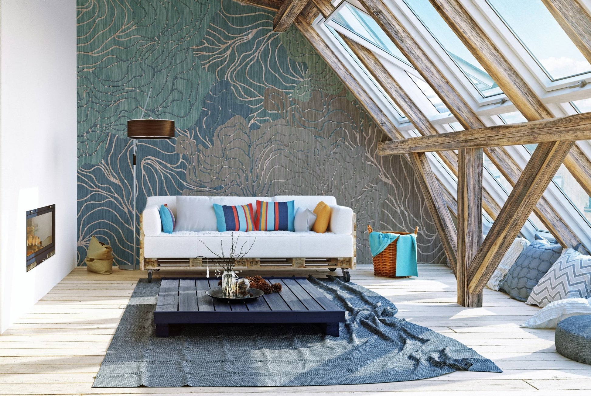 Attic living space featuring blue and brown abstract kaleidoscope wall mural.