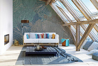 Attic living space featuring blue and brown abstract kaleidoscope wall mural.