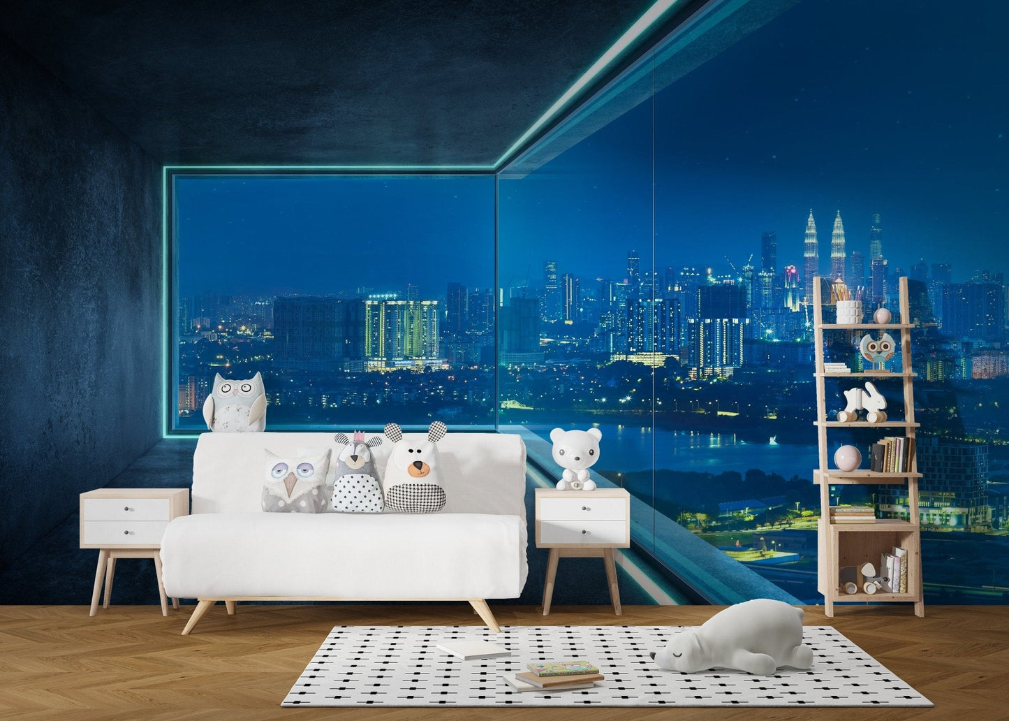 Blue illuminated edge design wall mural with wisteria accents for nursery interior.