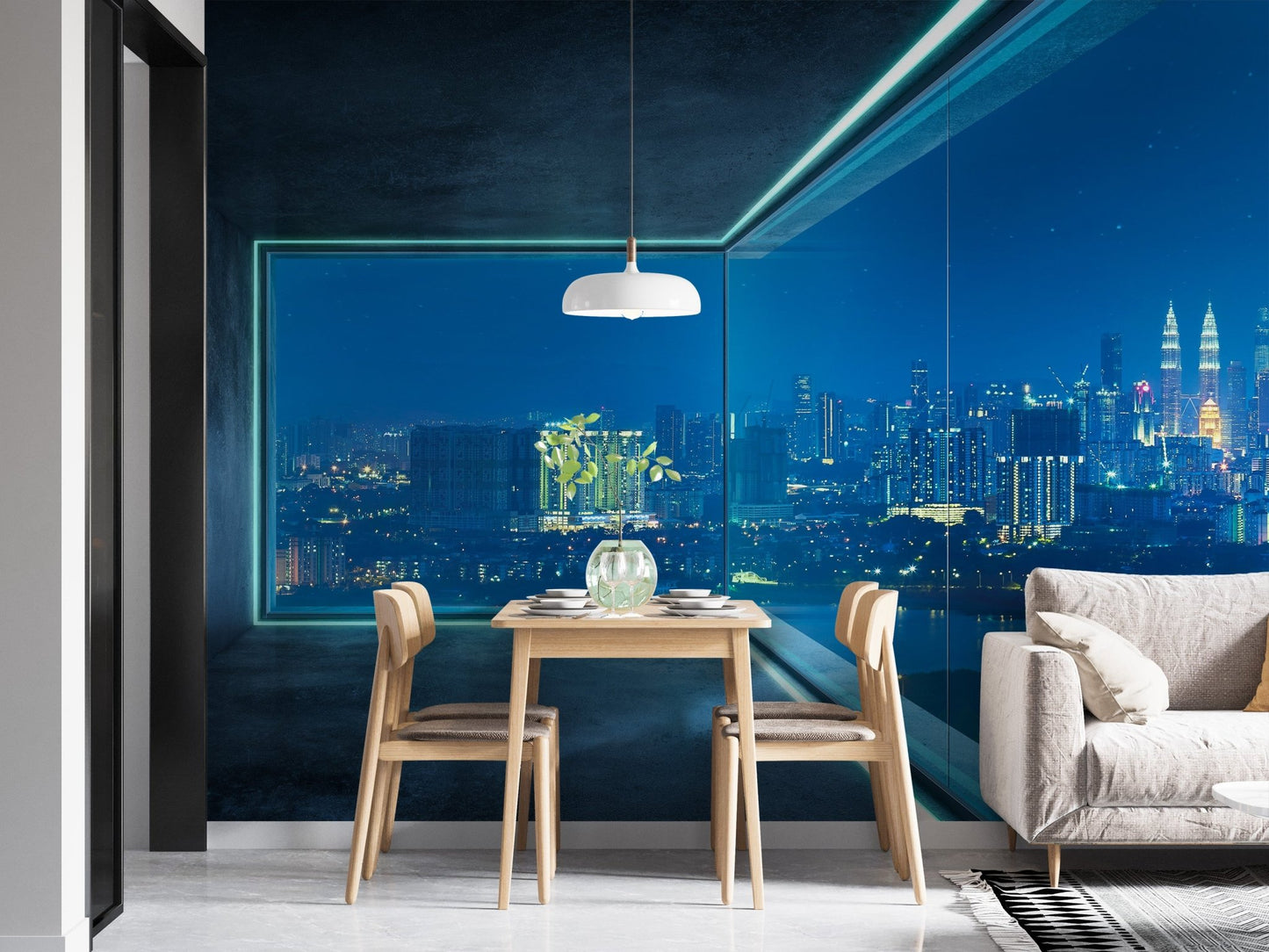 Abstract edge lighting wall mural with wisteria night hues.