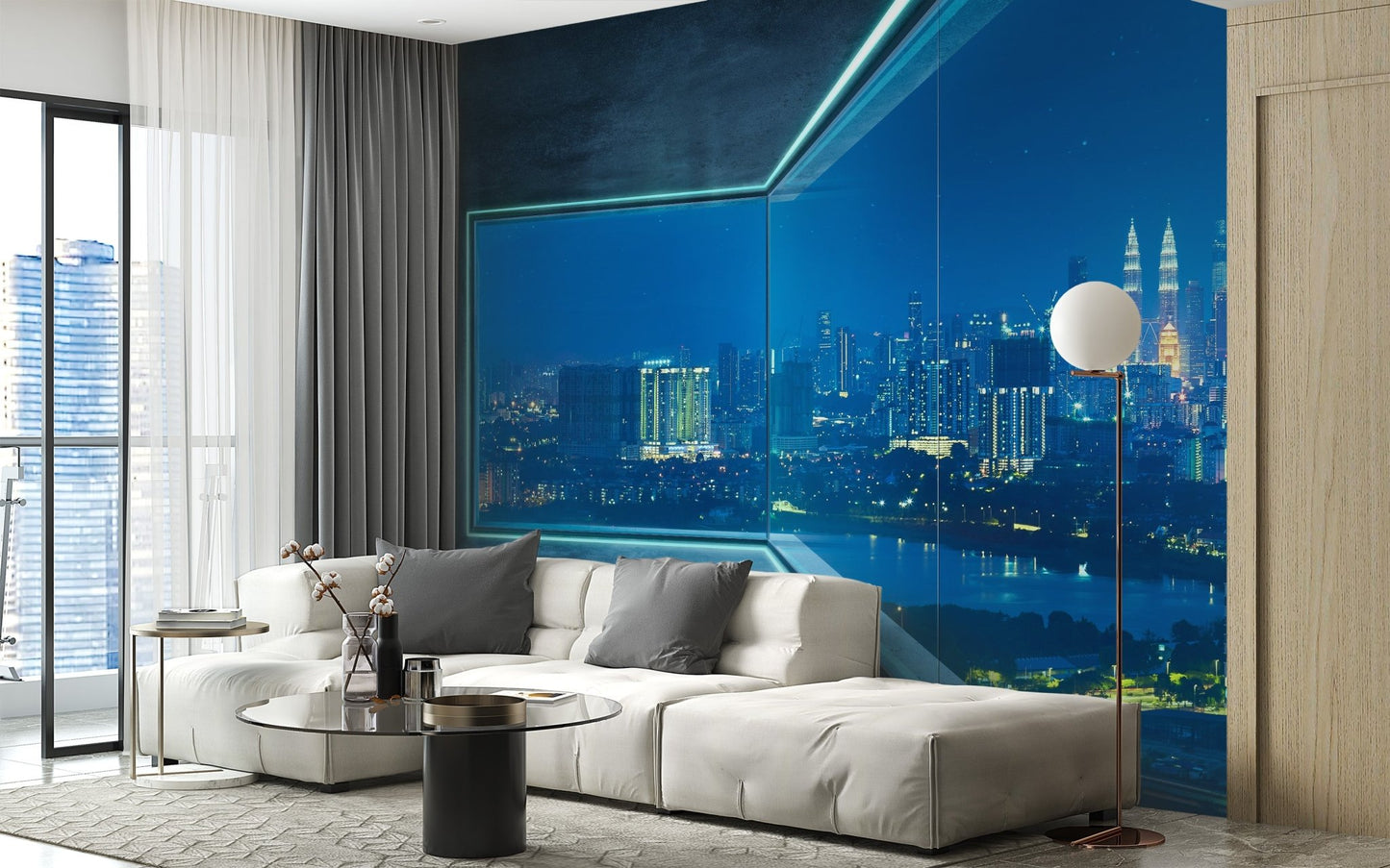 Bright edge cityscape wall mural accented by wisteria colors for living room.