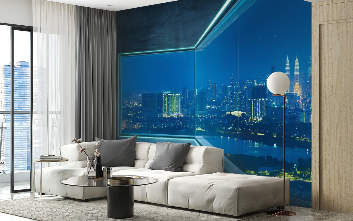 Bright edge cityscape wall mural accented by wisteria colors for living room.