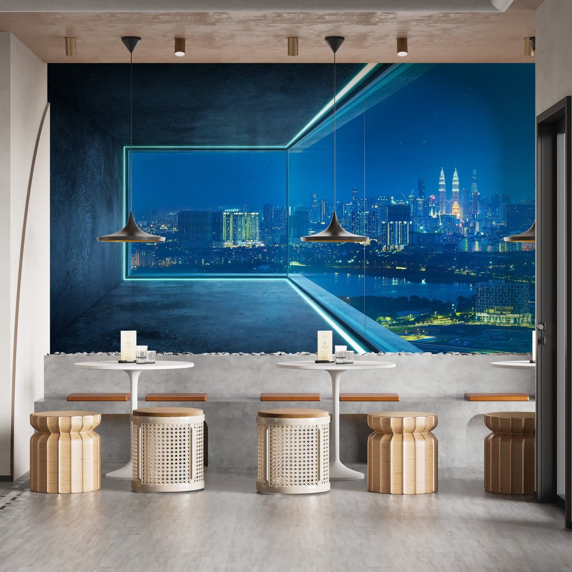 Futuristic glow city wall mural capturing wisteria lighting for dining area.
