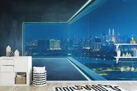 Metropolis glow scenery wall mural in wisteria blue colors.
