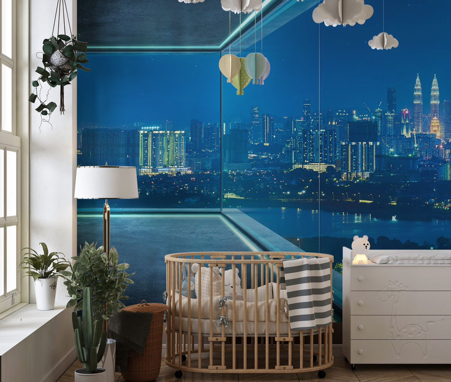 Neon frame edge mural with dark wisteria sky backdrop for toddler walls.