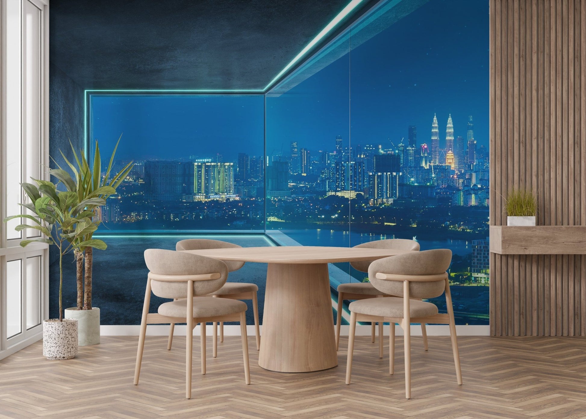 Urban night cityscape wall mural featuring a wisteria glow.