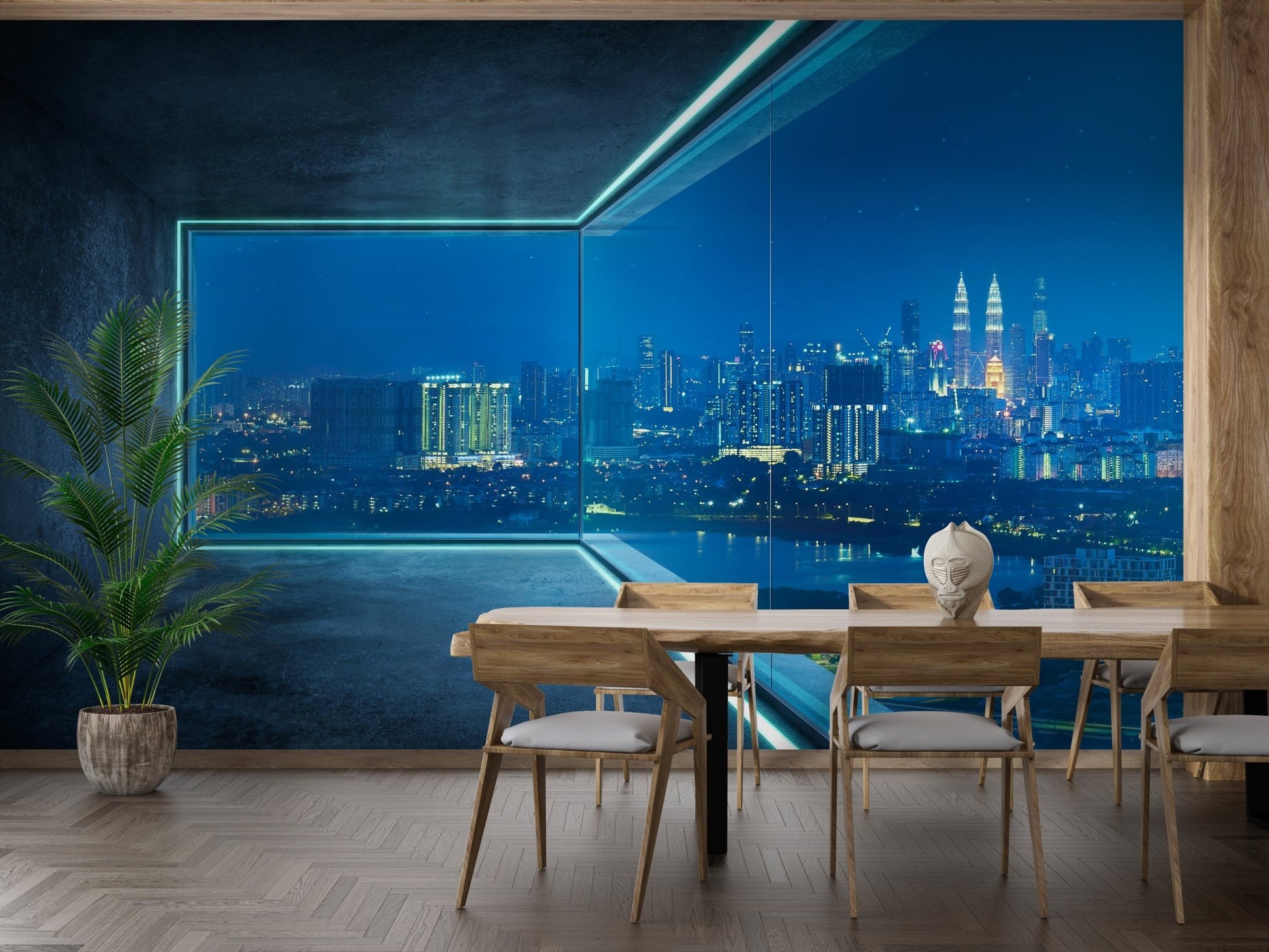 Metropolis glow edge wall mural with modern city lights for dining room.