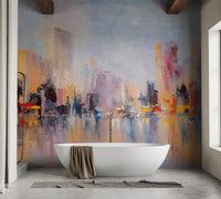 Sleek metropolitan mural with shimmering urban reflections in bathroom.

