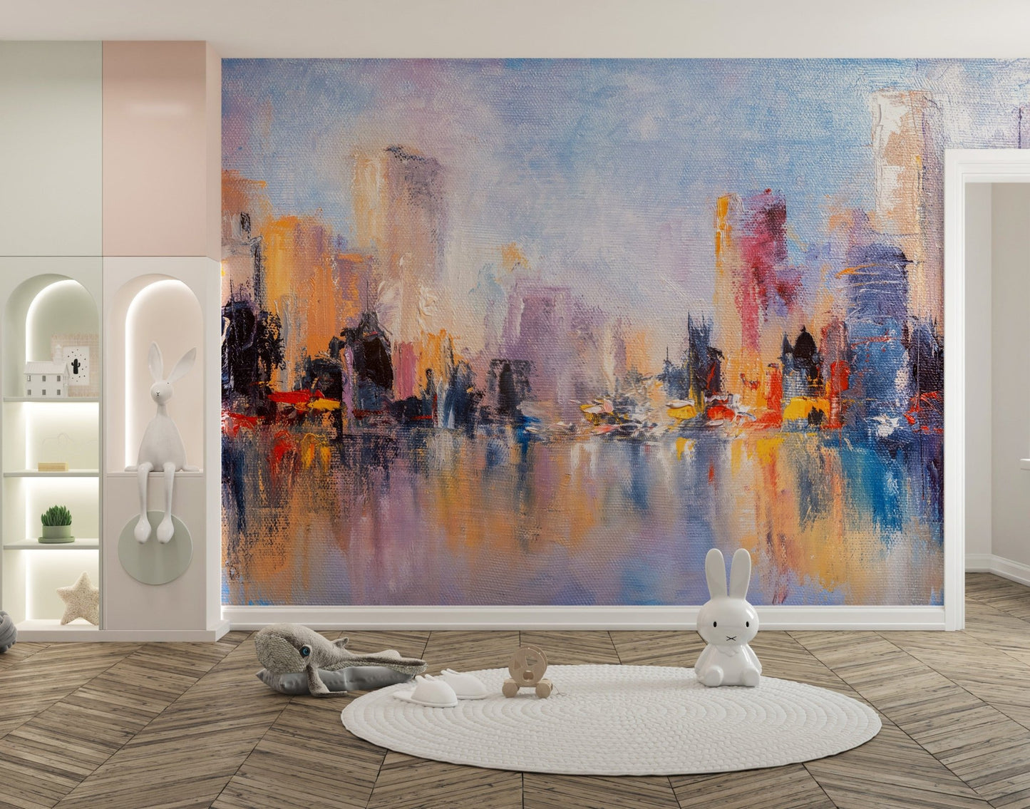 City reflections mural showcasing modern metropolitan charm in kids room.

