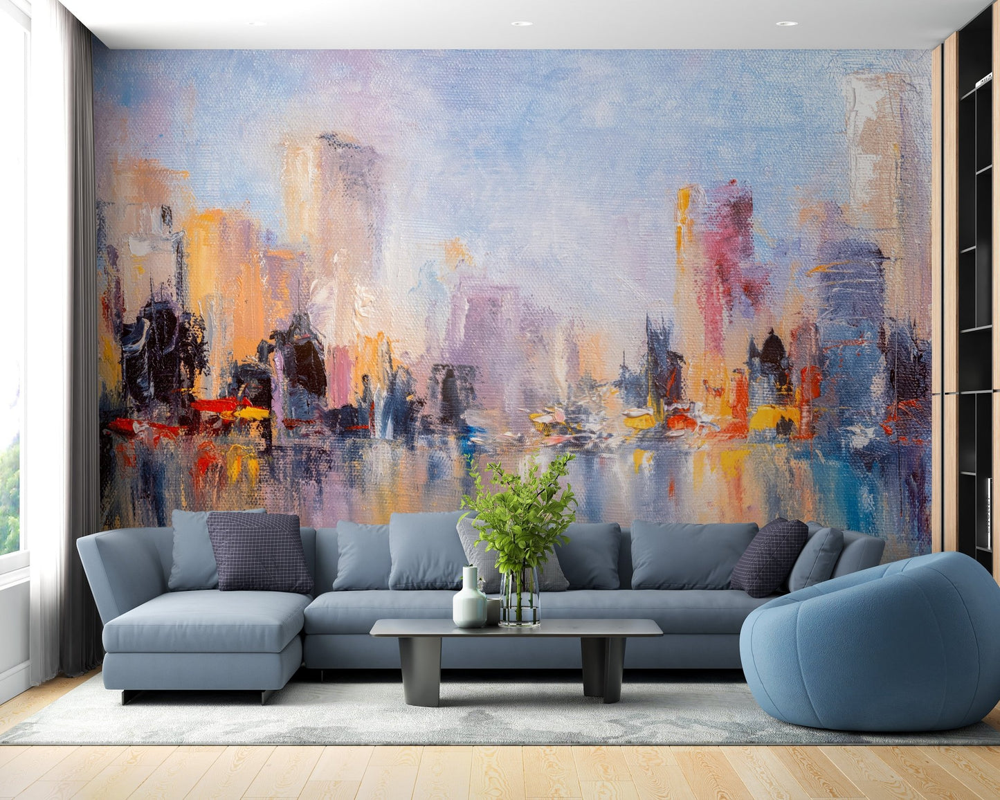 Modern city reflections mural for stylish wall decoration in living area.
