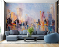 Modern city reflections mural for stylish wall decoration in living area.
