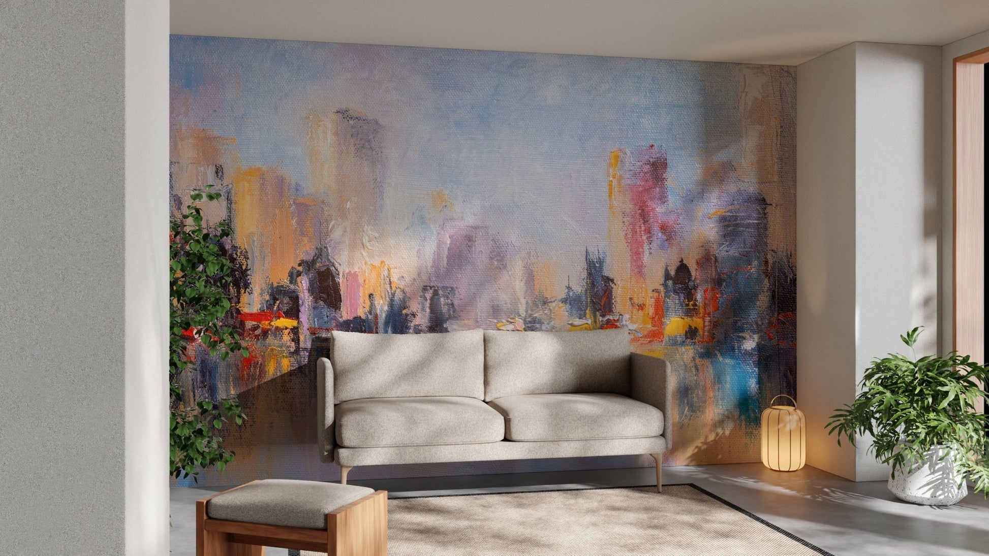 Vibrant metropolitan wall mural with reflective cityscapes in sitting area.
