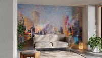Vibrant metropolitan wall mural with reflective cityscapes in sitting area.
