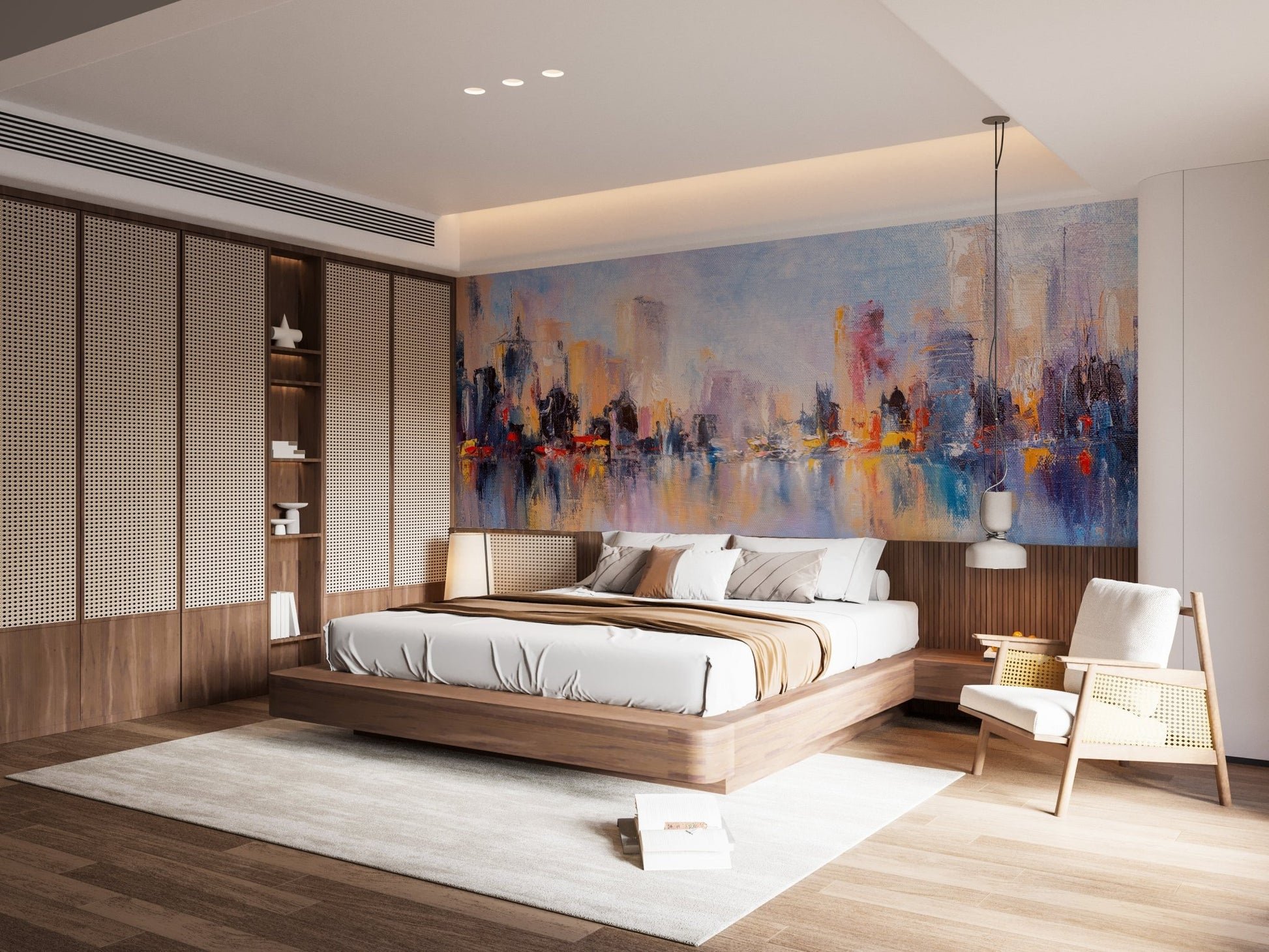 Stunning cityscape mural with metropolitan reflections design in bedroom.
