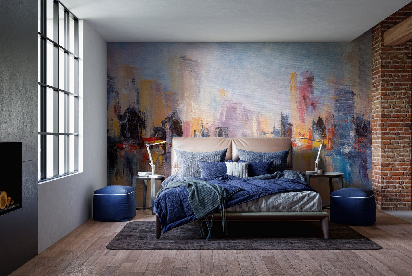 Artistic city reflections mural for contemporary bedroom interiors.
