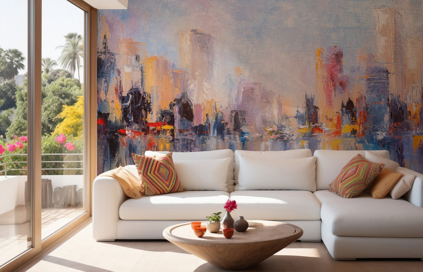 Urban reflections mural capturing metropolitan elegance in living space.
