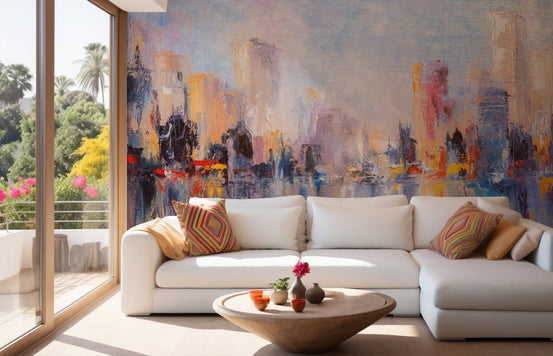 Urban reflections mural capturing metropolitan elegance in living space.
