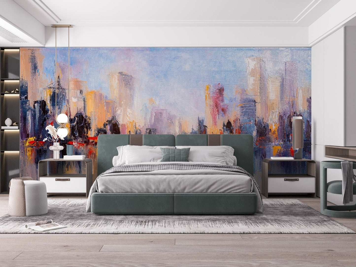 Reflective cityscape mural highlighting metropolitan beauty in bright bedroom.
