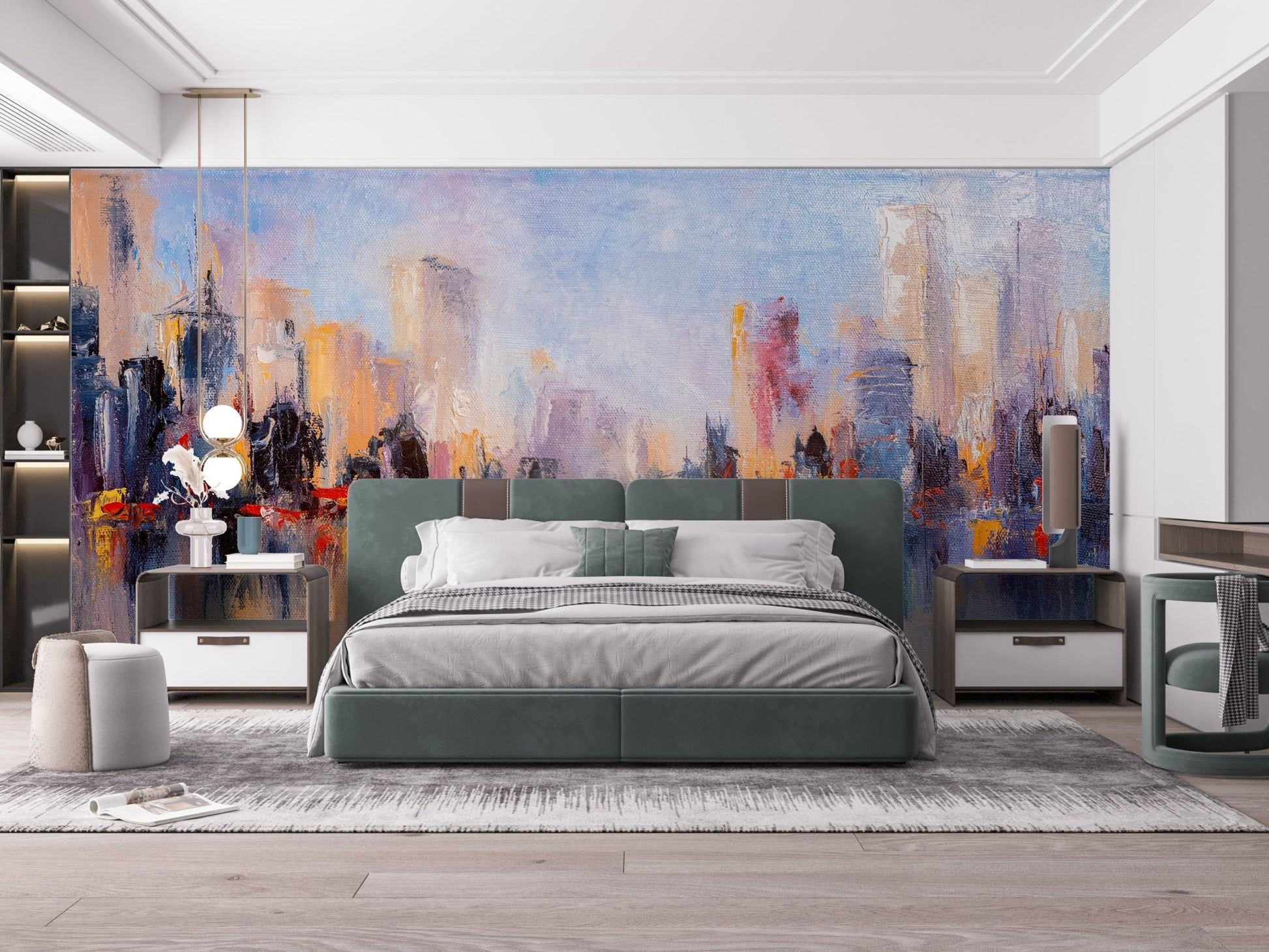 Reflective cityscape mural highlighting metropolitan beauty in bright bedroom.

