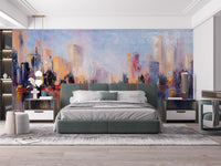Reflective cityscape mural highlighting metropolitan beauty in bright bedroom.
