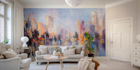 Metropolitan reflections mural for sleek urban wall decor in living room.
