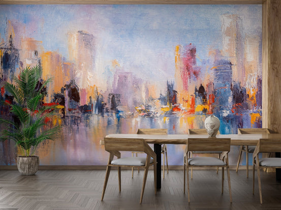 Sophisticated metropolitan reflections mural for chic dining spaces.