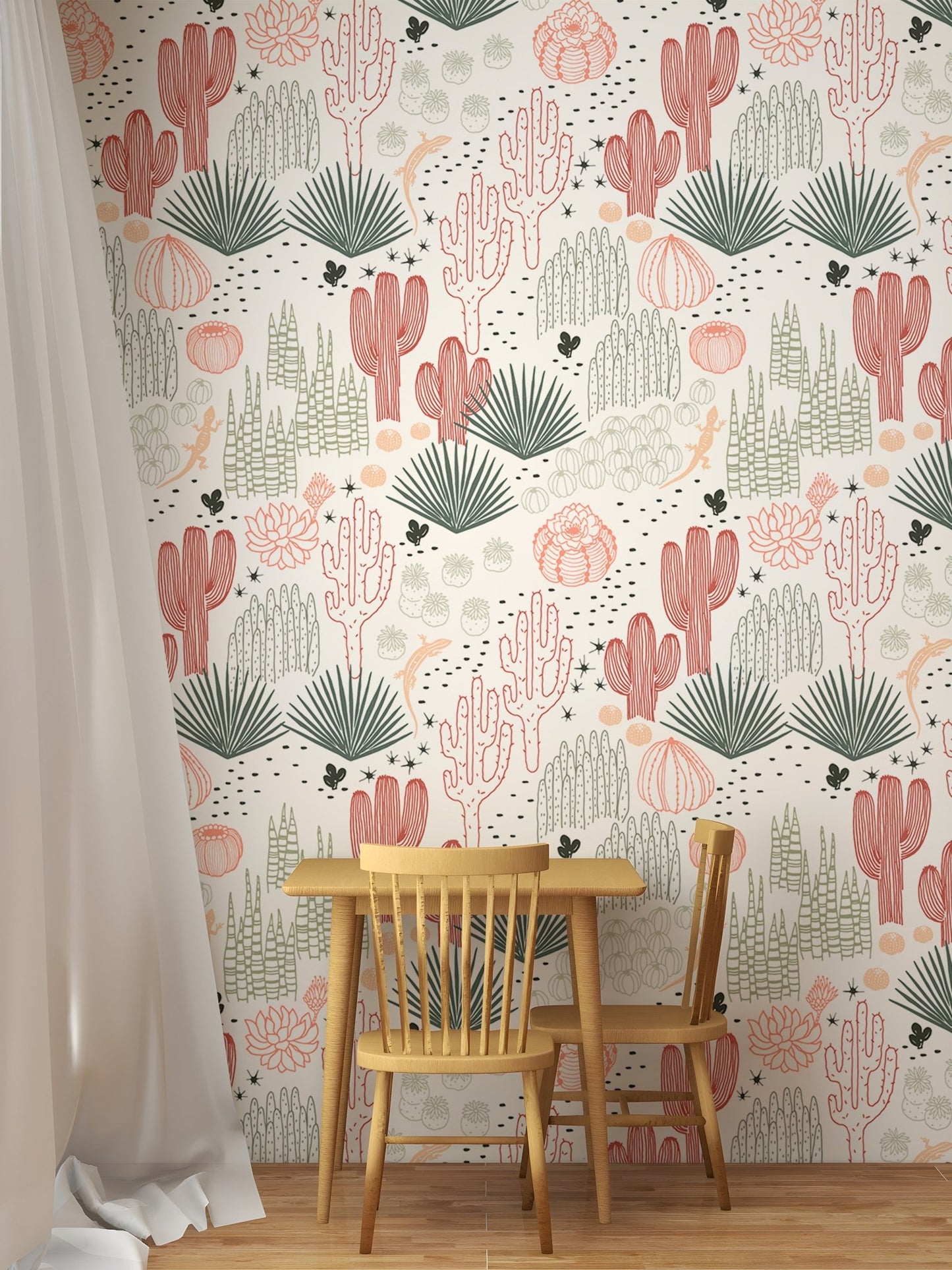 Kids dining area featuring a wooden table and Mexican cacti wallpaper.