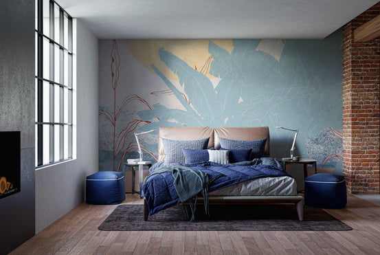 Soft focus sun and tropical greenery graphic wall mural.