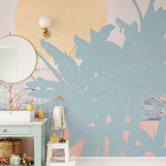 Miami moon tropical wall mural with blue palm leaves and sun wallpaper.