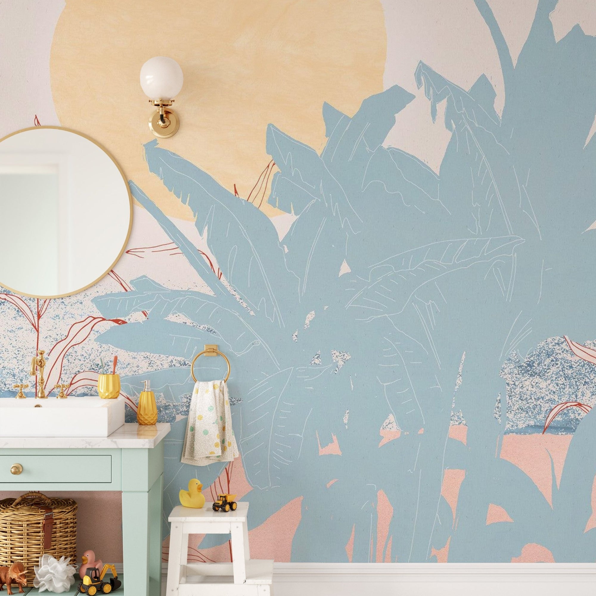 Miami moon tropical wall mural with blue palm leaves and sun wallpaper.